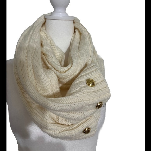 Michael Kors Ivory Knit Scarf Gold Labeled Buttons Fall Winter - Picture 1 of 5